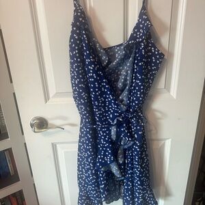 Women’s wrap dress blue with white heart pattern